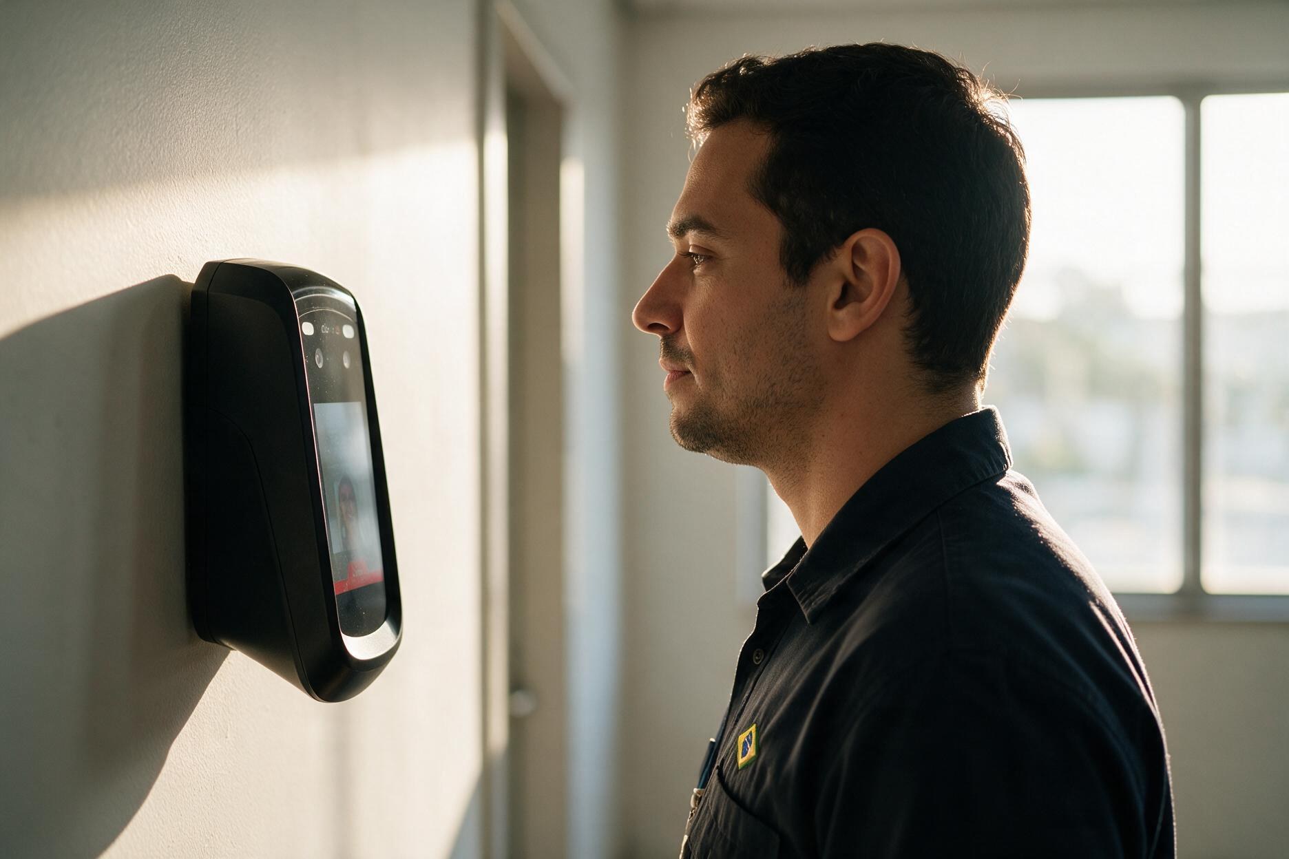 Funcionário registrando o ponto em terminal de reconhecimento facial fixado na parede