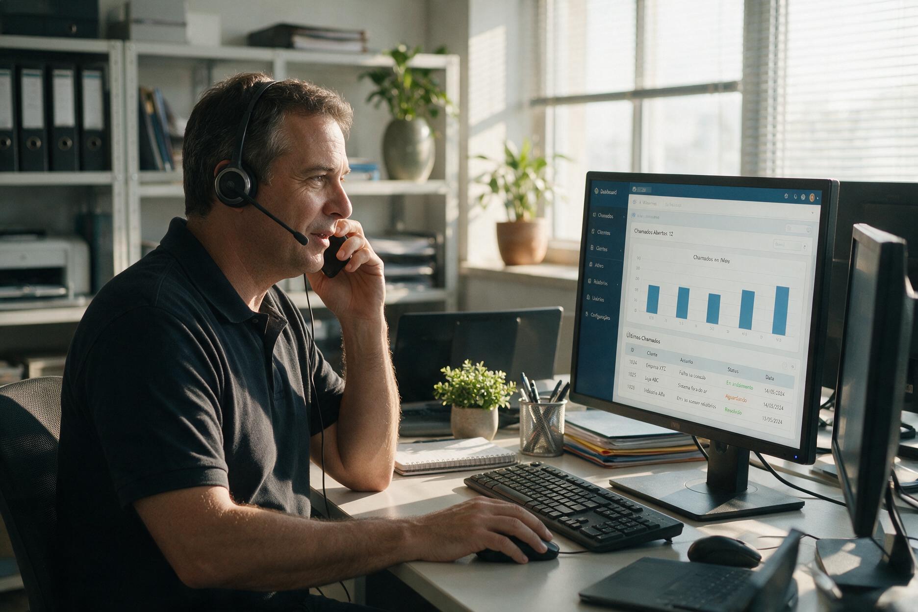Técnico da Acessa Ponto atendendo um cliente por telefone