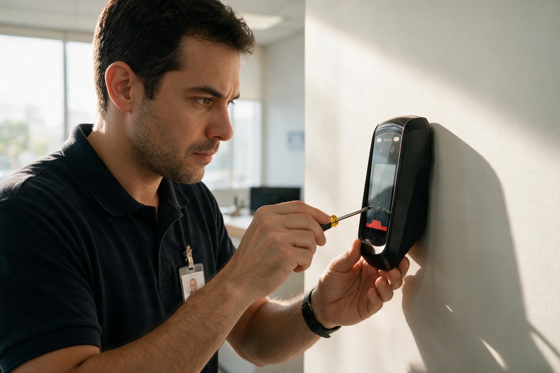 Técnico da Acessa Ponto fixando na parede um terminal de ponto com reconhecimento facial